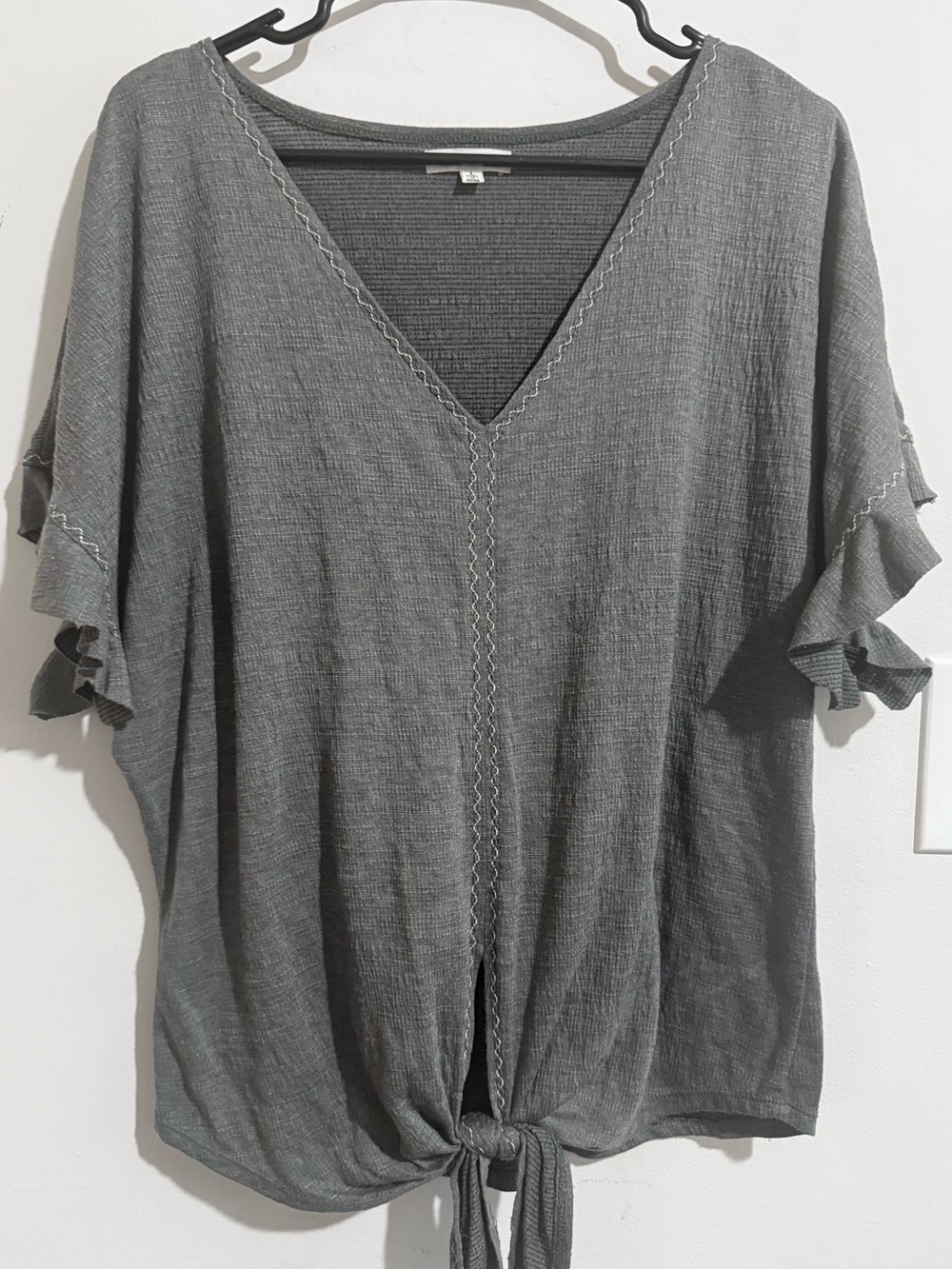 Max Studio Gray V-Neck Tie-Front Tunic with Ruffle Sleeves